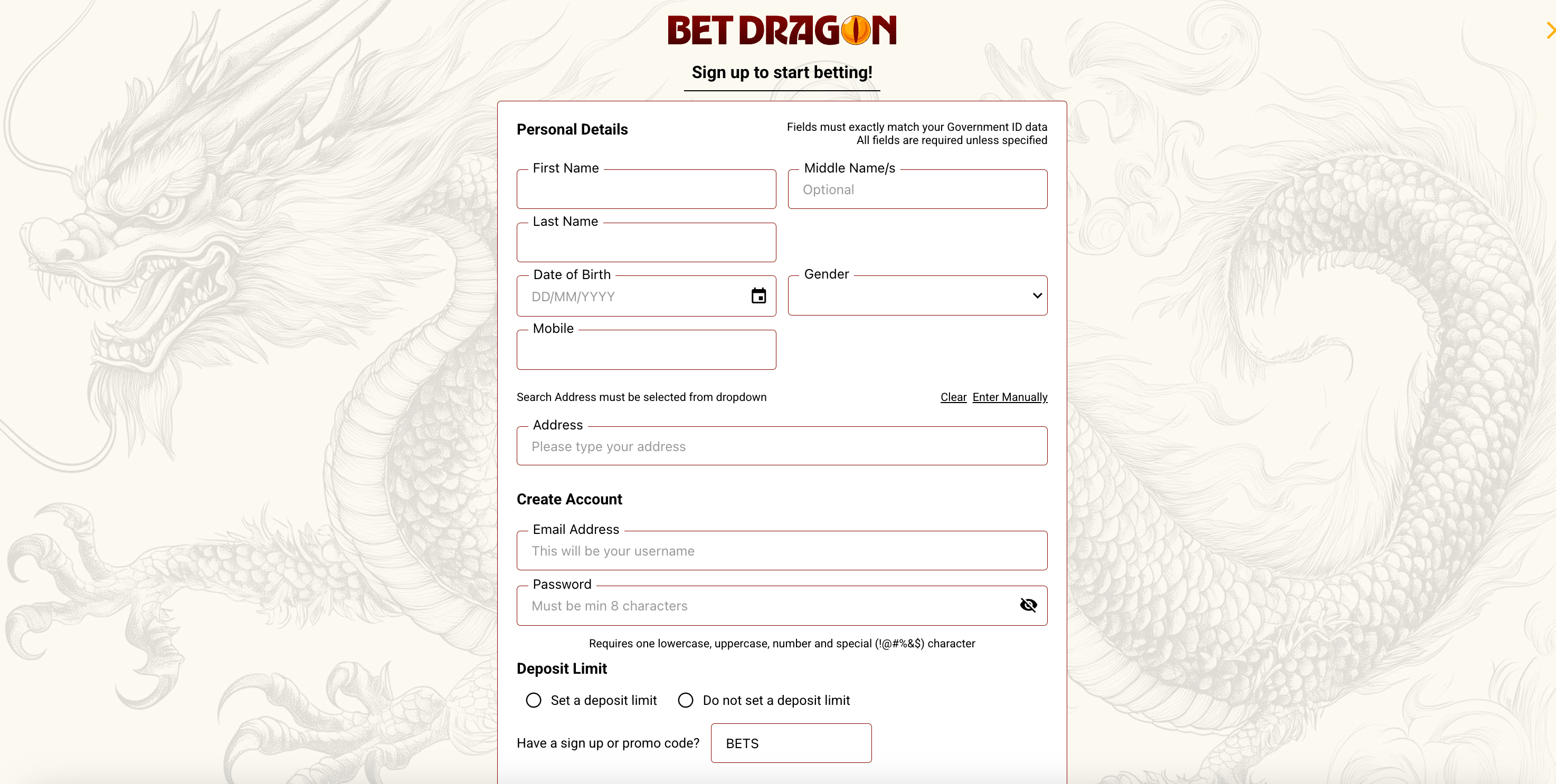 Bet Dragon Sign Up